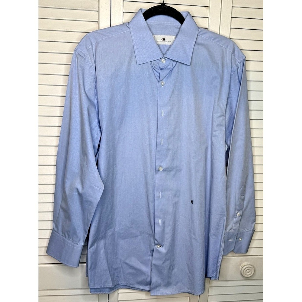 CH Carolina Herrera Shirt Mens 17 Light Blue Luxury Designer Office Casual